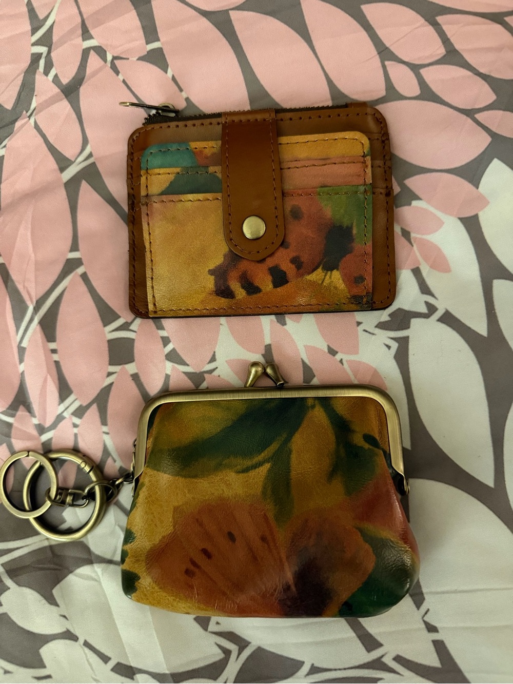 Patricia Nash Floral Leather Card Holder and Coin Purse in Brown, Green, Yellow